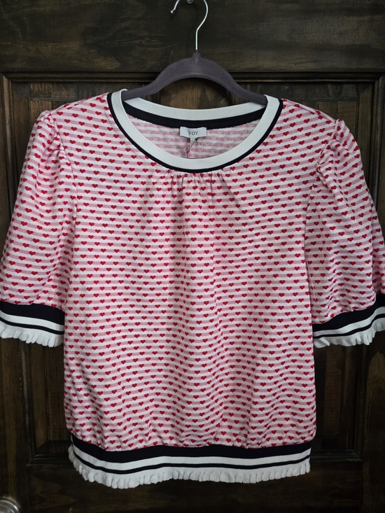 Voy Tops - VOY Pink Heart-Print Short Sleeve Blouse with Navy Contrast Trim